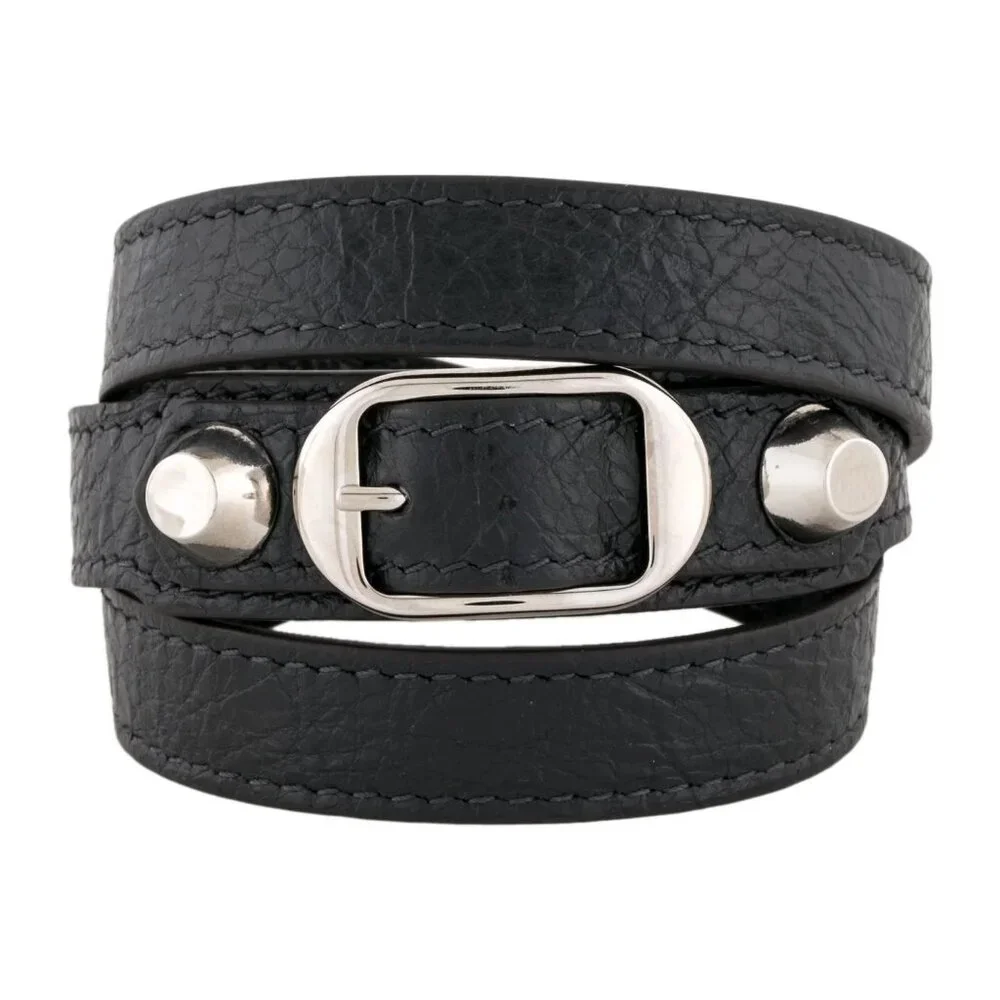 Balenciaga Black Leather Double-Wrap Bracelet with Silver Hardware - Picture 7 of 8